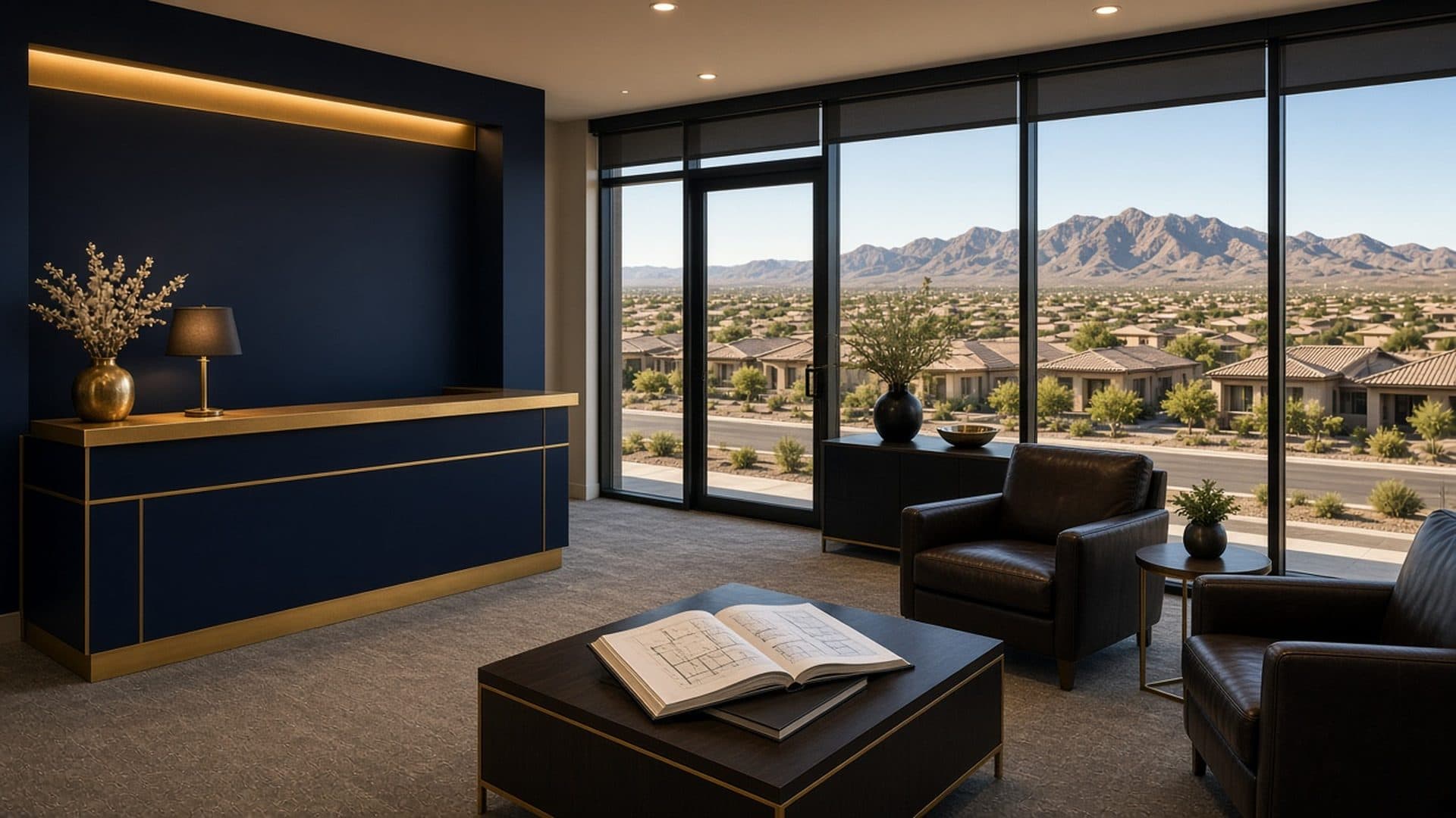 Real estate office interior overlooking ranch homes near 5592 Dapple Gray Rd, Las Vegas NV 89149 — Backed by a Name You Can Trust