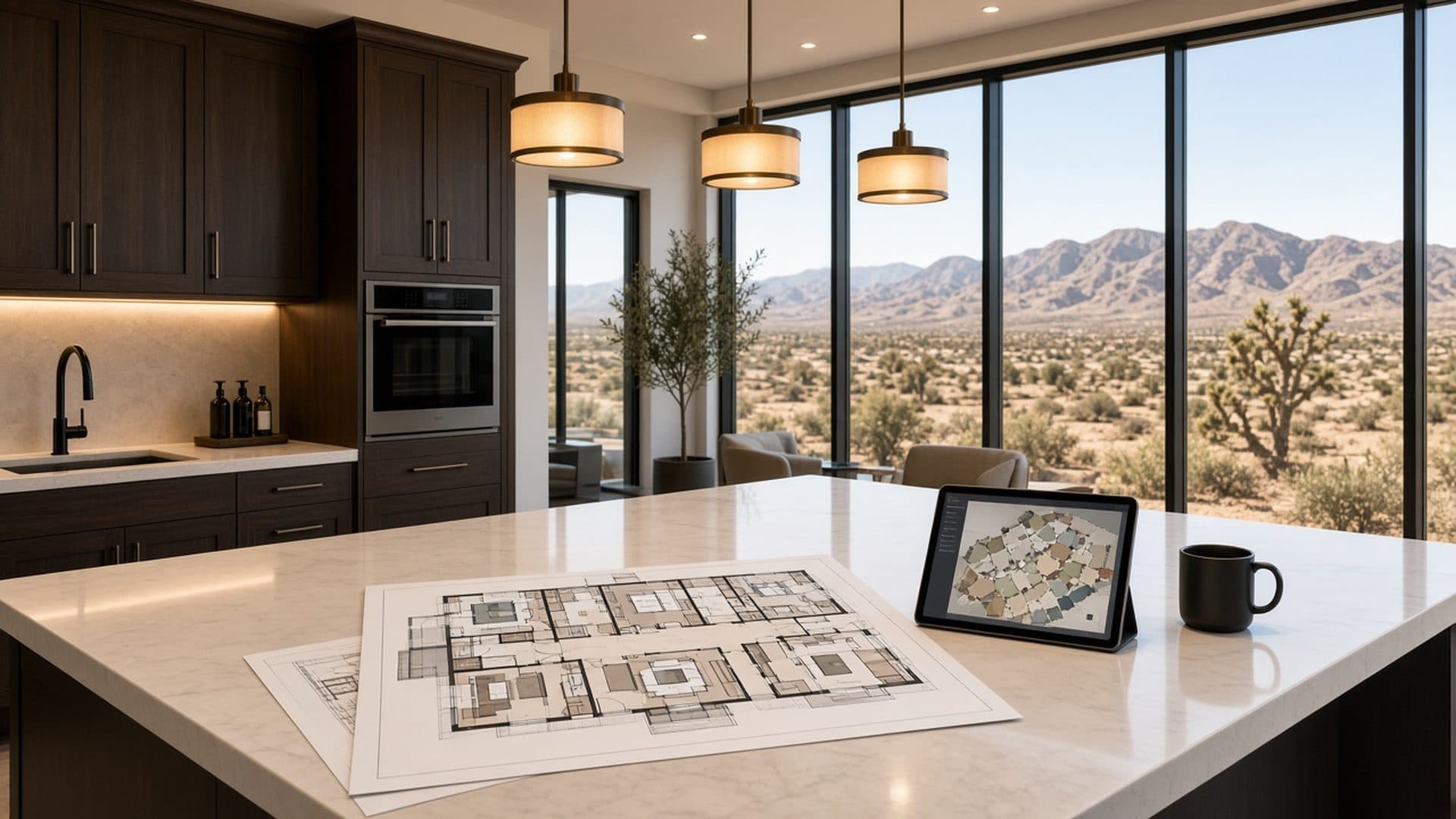 Floor plans on a kitchen island during a Homestead West buyer consultation in Northwest Las Vegas — How It Works