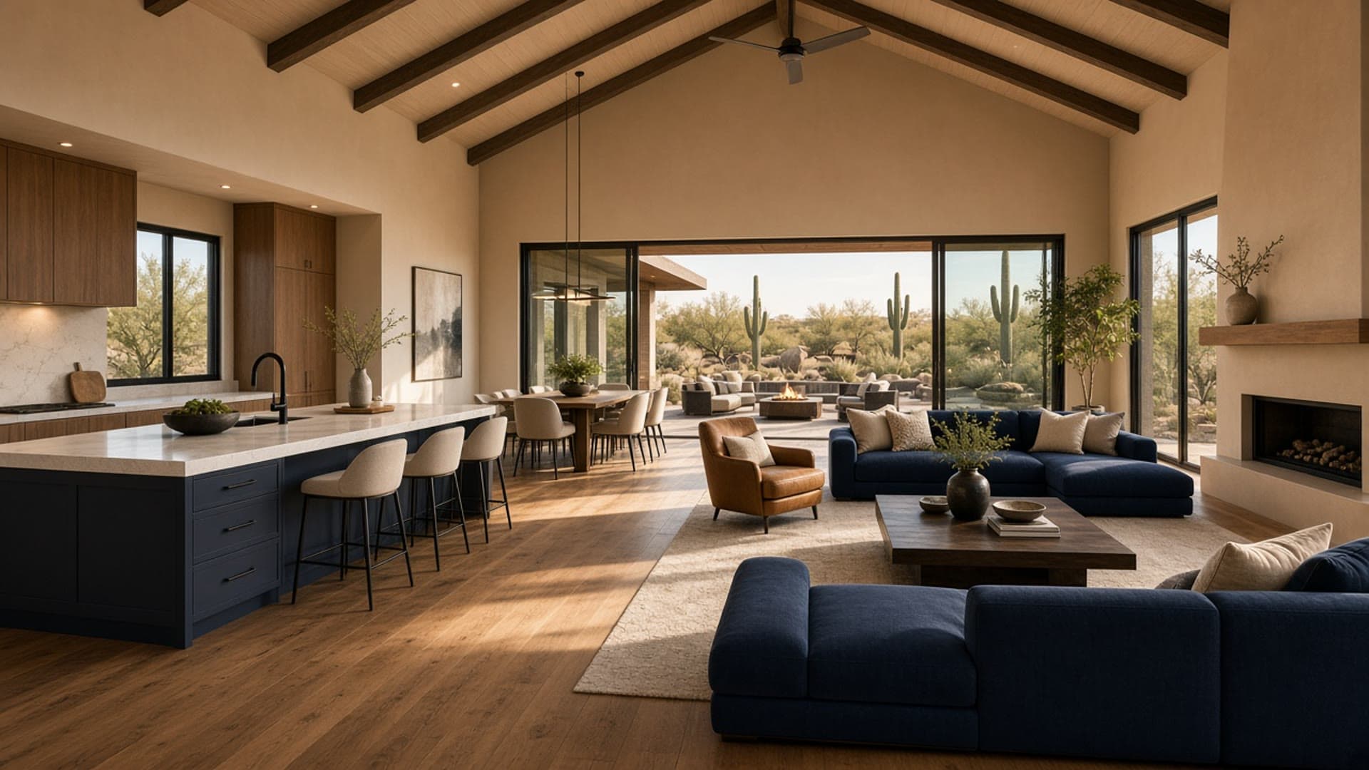 Open great room and kitchen in a Homestead West luxury ranch home, Northwest Las Vegas