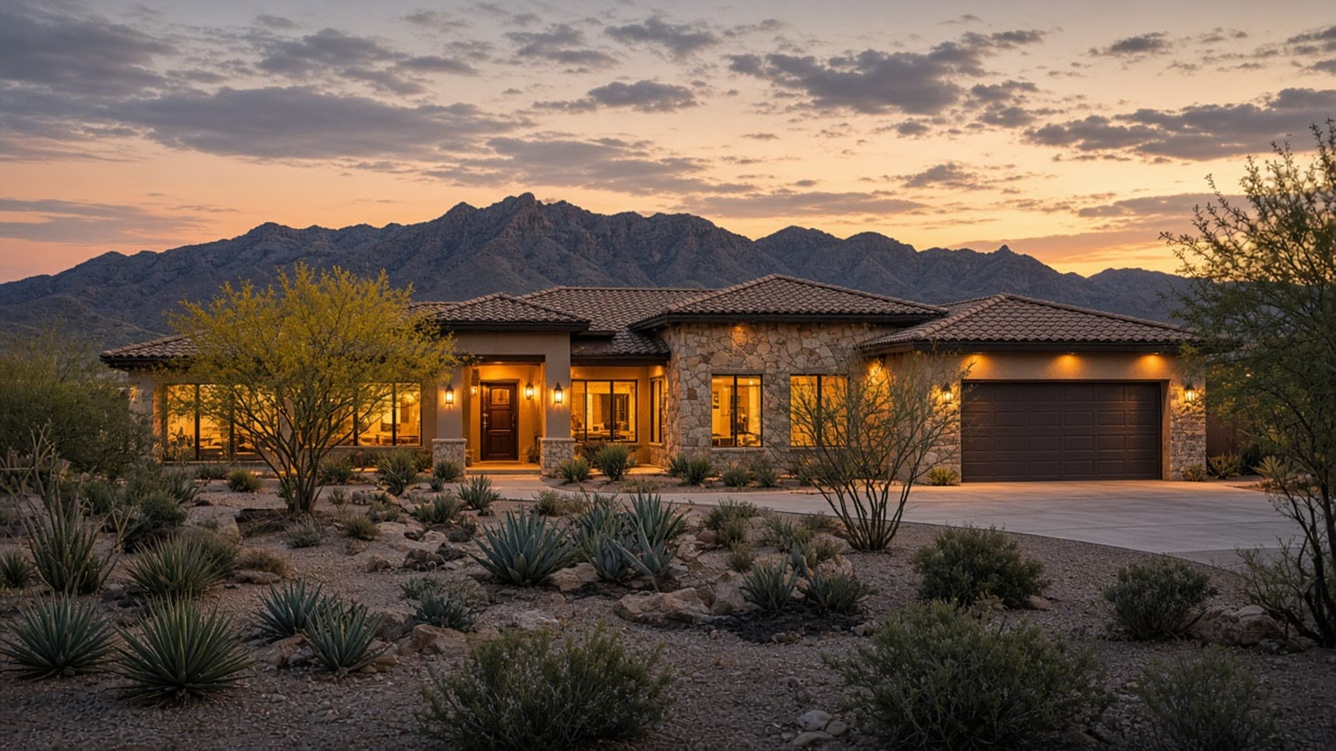 Luxury single-story ranch home at dusk on a pool-sized lot in Homestead West, Northwest Las Vegas 89149