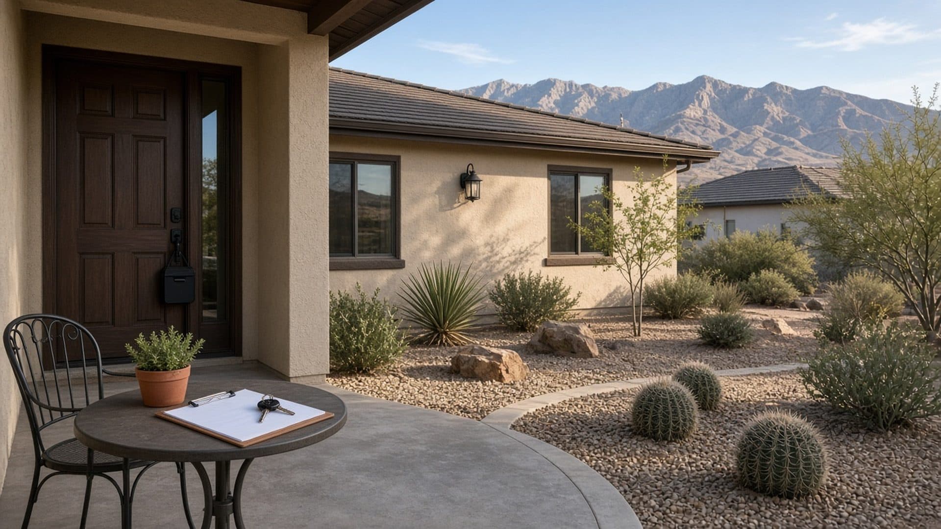 Managed Homestead West ranch porch with lockbox and keys in Northwest Las Vegas 89149