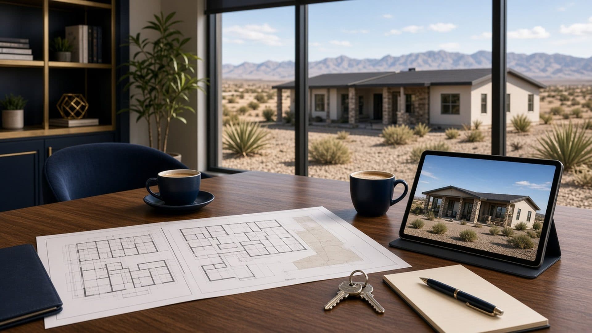 Homestead West buyer appointment desk with ranch floor plans and a model-home view in Northwest Las Vegas 89149