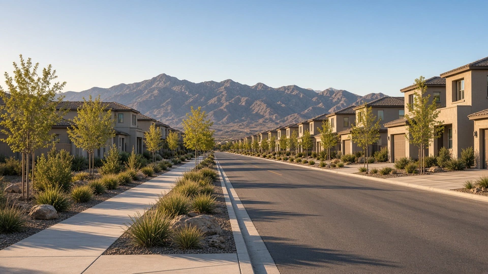 Two-story new-construction streetscape in a Henderson master-planned community, compared with Homestead West ranch homes