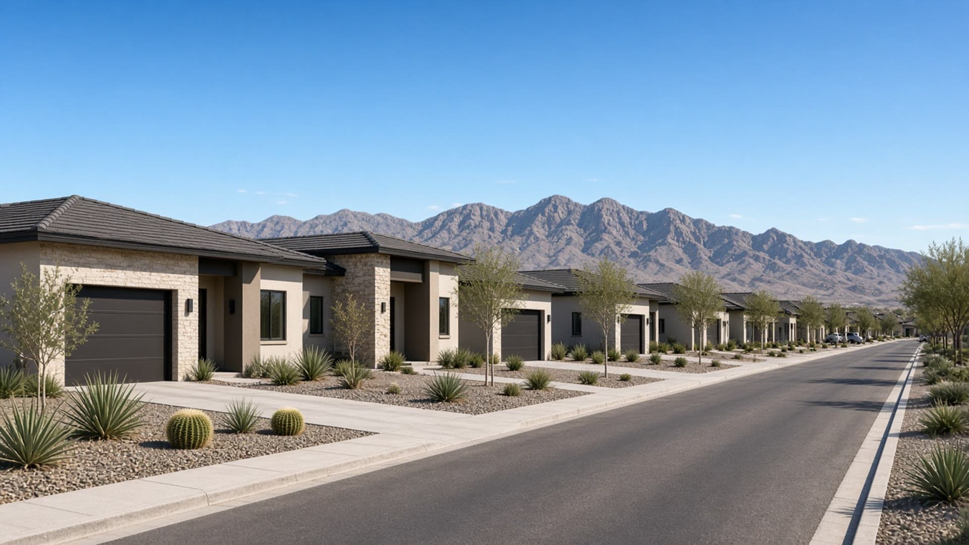 New construction ranch home streetscape in Homestead West, Northwest Las Vegas