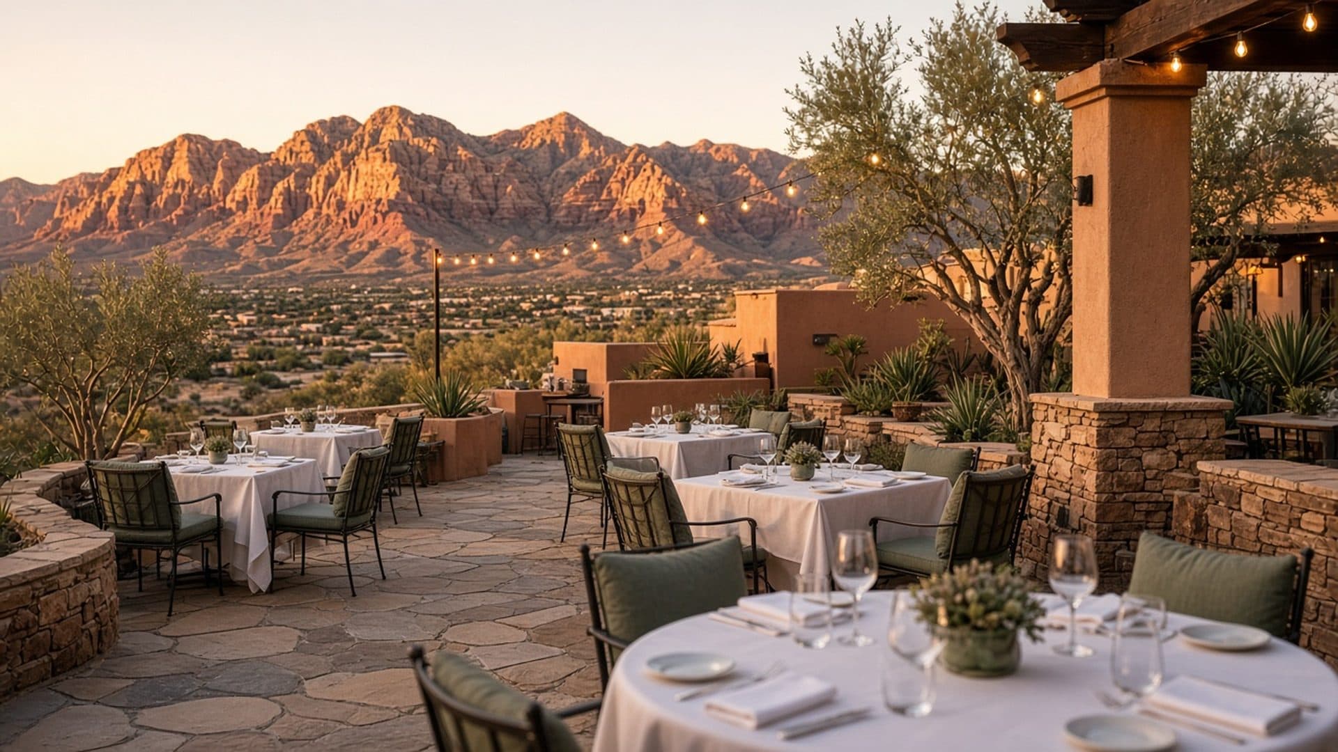 Outdoor restaurant patio with Red Rock mountain views near Homestead West, Northwest Las Vegas 89149 — Restaurants & Dining
