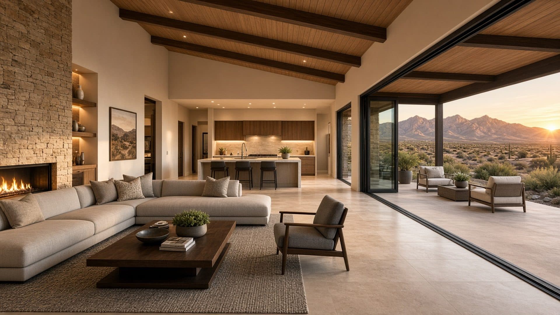 Single-story ranch great room opening to a covered patio in Homestead West, Las Vegas 89149 — Home Style Comparison