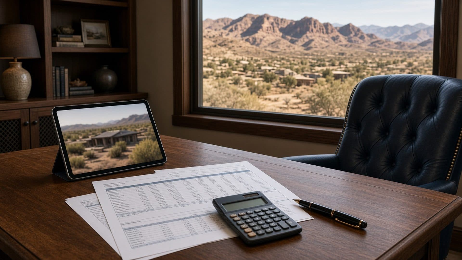 Investment analysis desk with ranch cash-flow worksheets overlooking Northwest Las Vegas mountains
