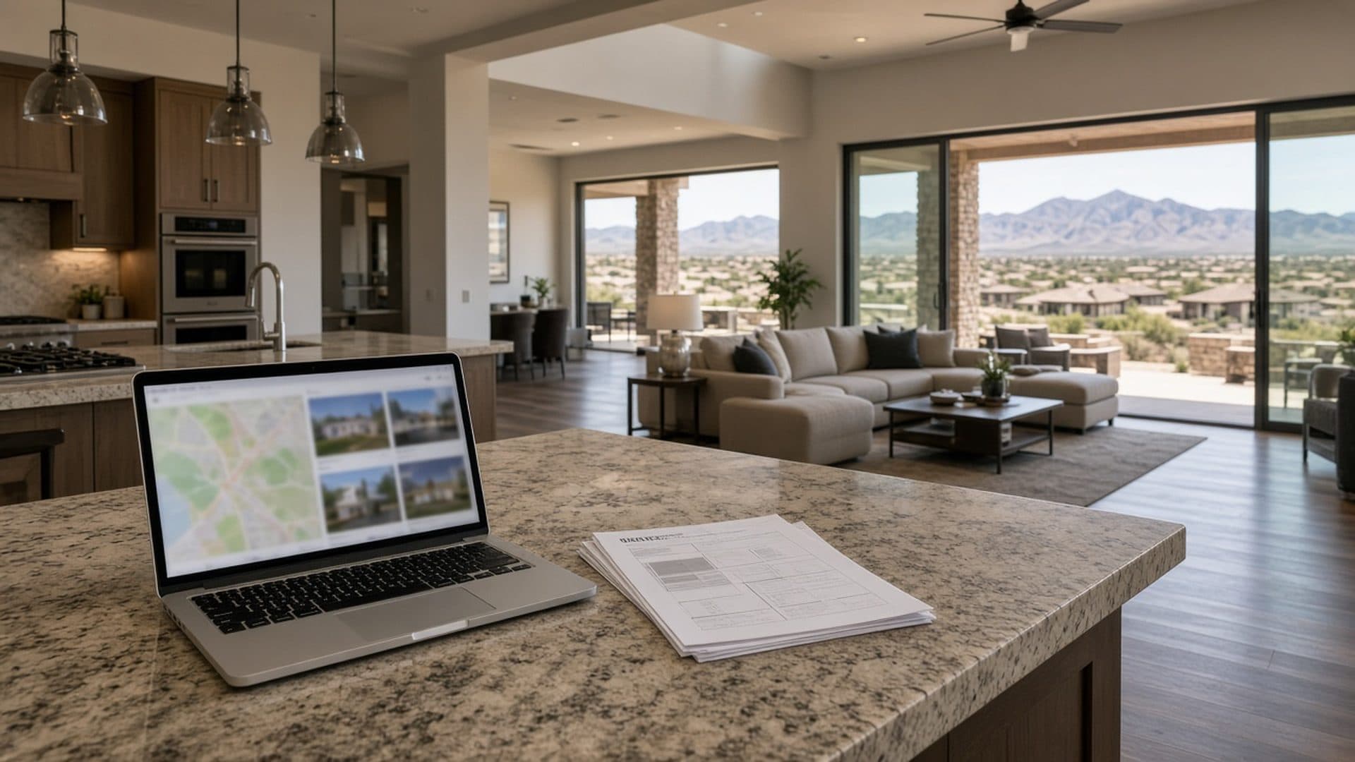 Laptop search for Homestead West MLS listings on a kitchen island in a Northwest Las Vegas ranch home — Browse 89149 & Northwest Las Vegas listings