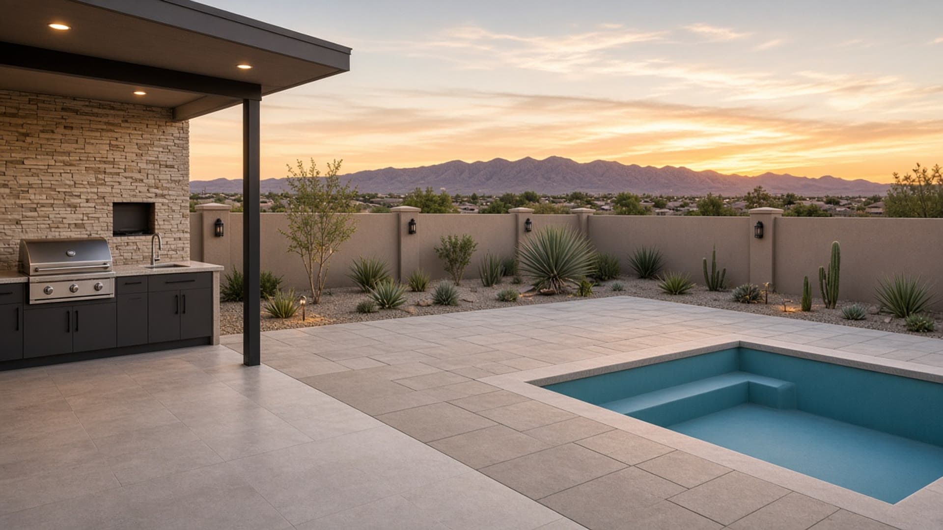 Pool-sized backyard and covered patio at a Homestead West ranch home in Las Vegas 89149 — Pool-sized backyard