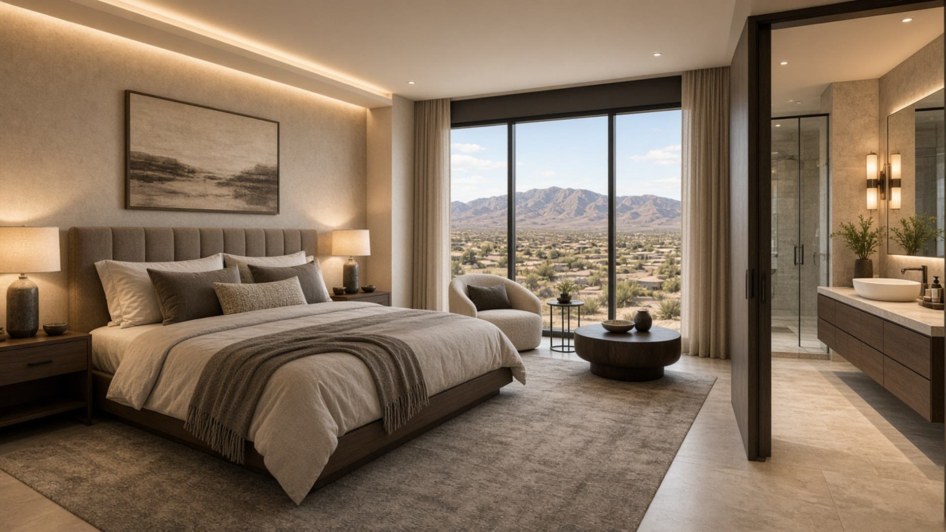 Primary bedroom suite in a Homestead West ranch home with mountain-view windows — Primary suite