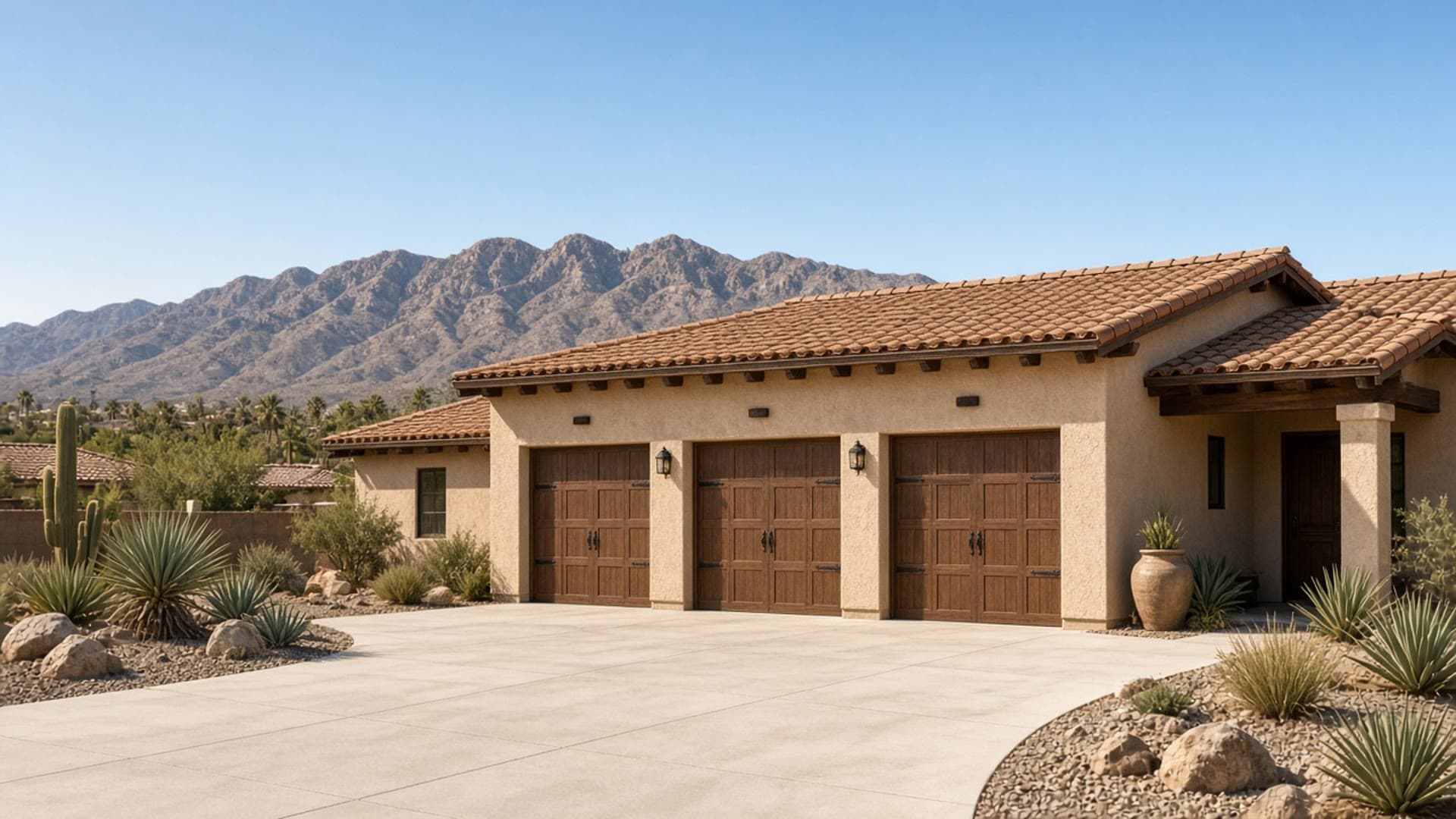 Three-car garage and driveway at a Homestead West luxury ranch home in Northwest Las Vegas — 3–5 car garage