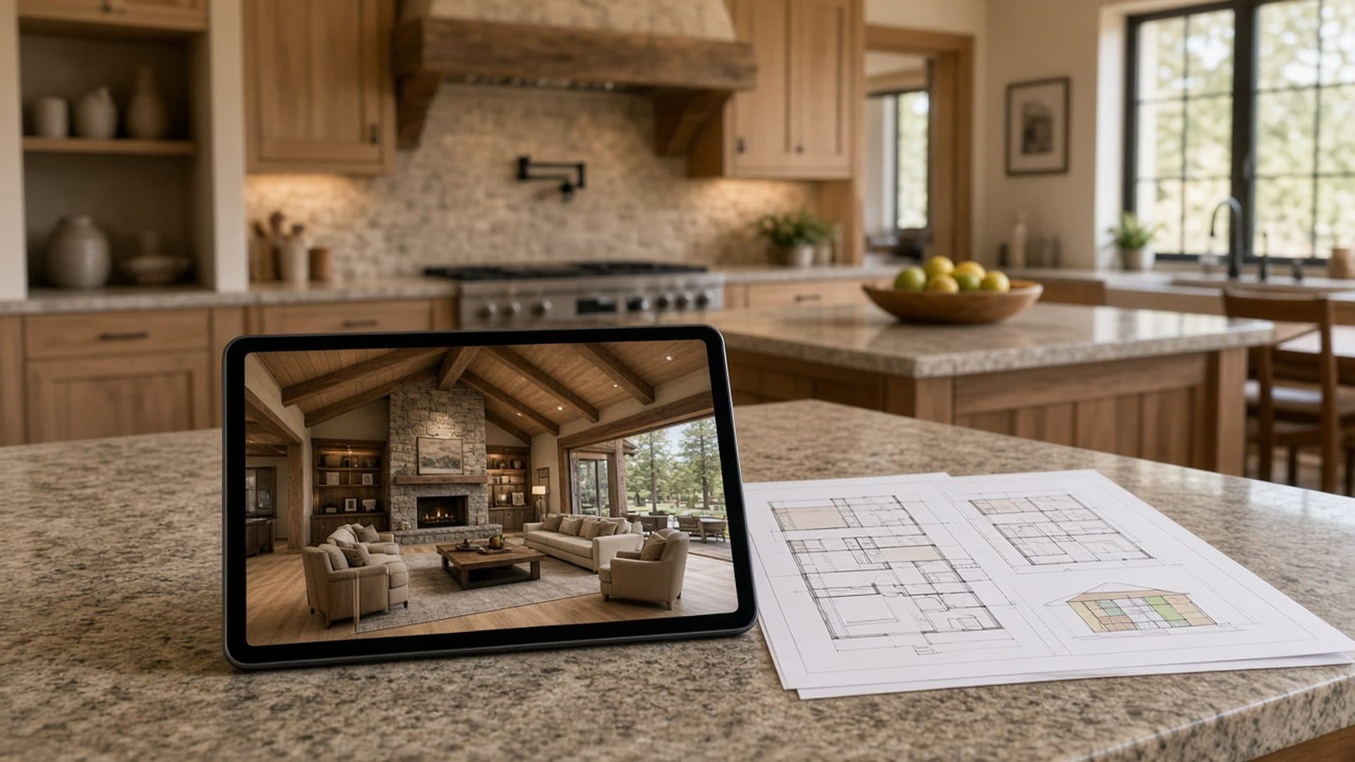 3D virtual tour of a Homestead West ranch home on a tablet in the kitchen, Las Vegas 89149