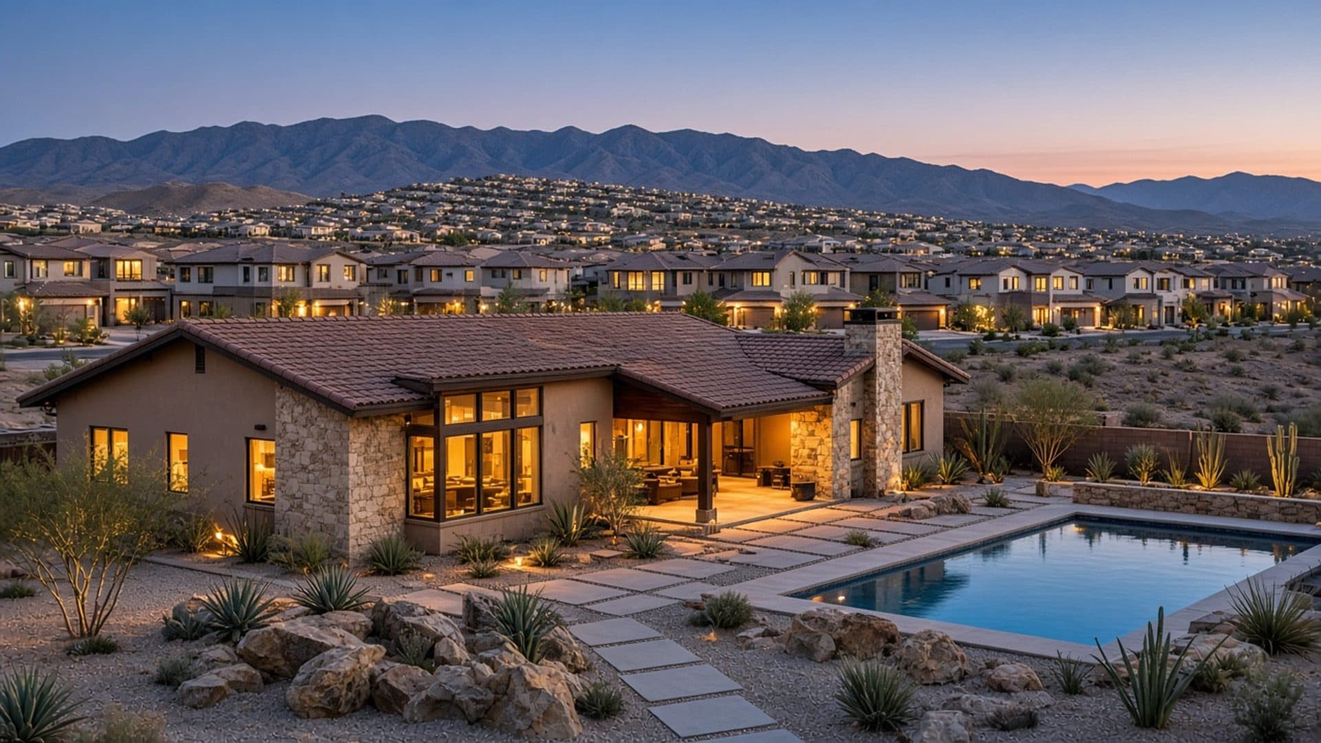 Luxury Homestead West ranch home with pool in the foreground and a hillside master-planned community beyond, Northwest Las Vegas